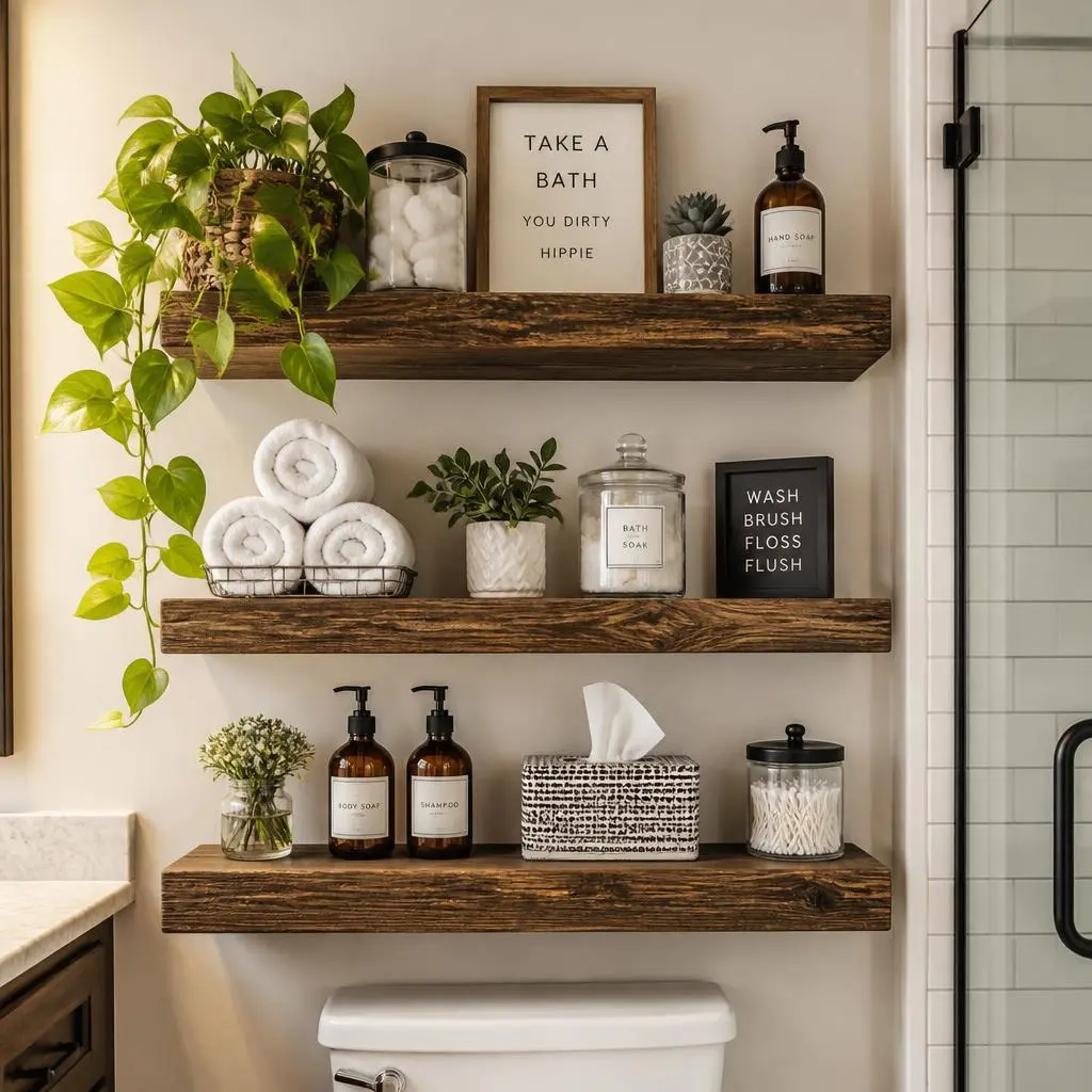 QEEIG set of 3 rustic brown floating shelves mounted on a kitchen wall